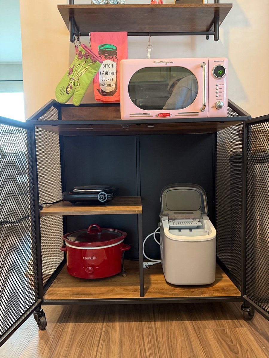Microwave, hot plate, crockpot, and ice maker.