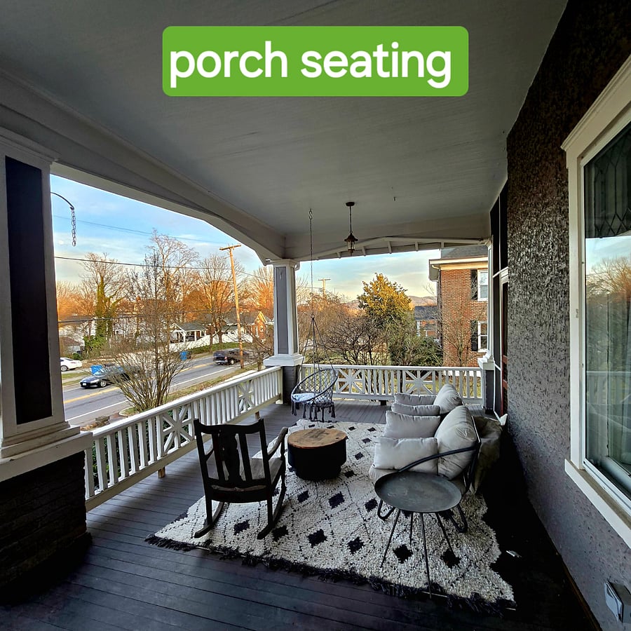 Porch seating perfect for morning coffee