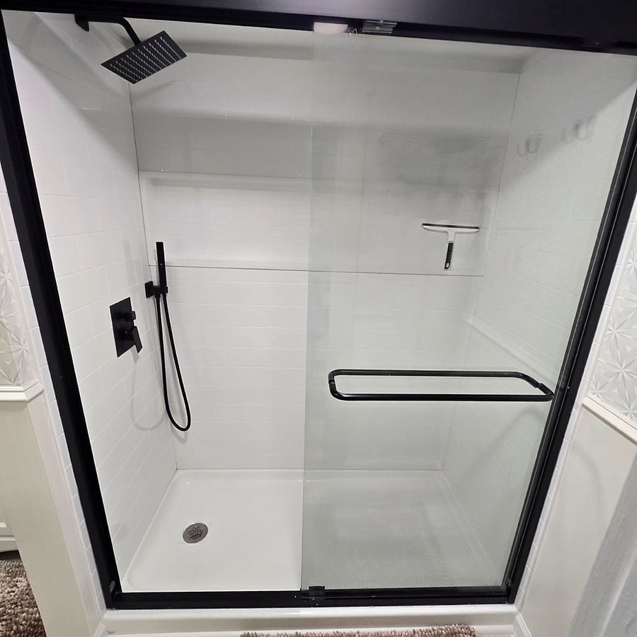 New large shower with rain shower head and heated ceiling fan