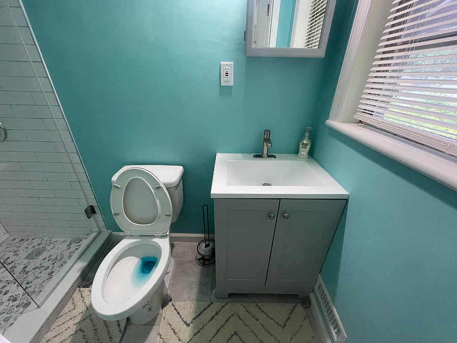 The master bathroom has a newly remodeled shower.