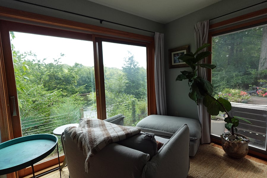 Sitting area in great room with river views