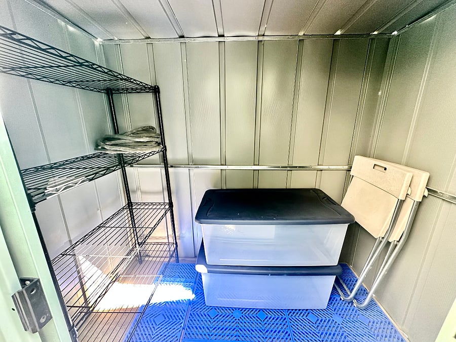 There is additional private storage in the green shed in the enclosed outdoor space. Shelving unit, 2 large container boxes and additional outdoor chairs are provided for your use during your stay. You may place your own lock on it during the duration of your stay.