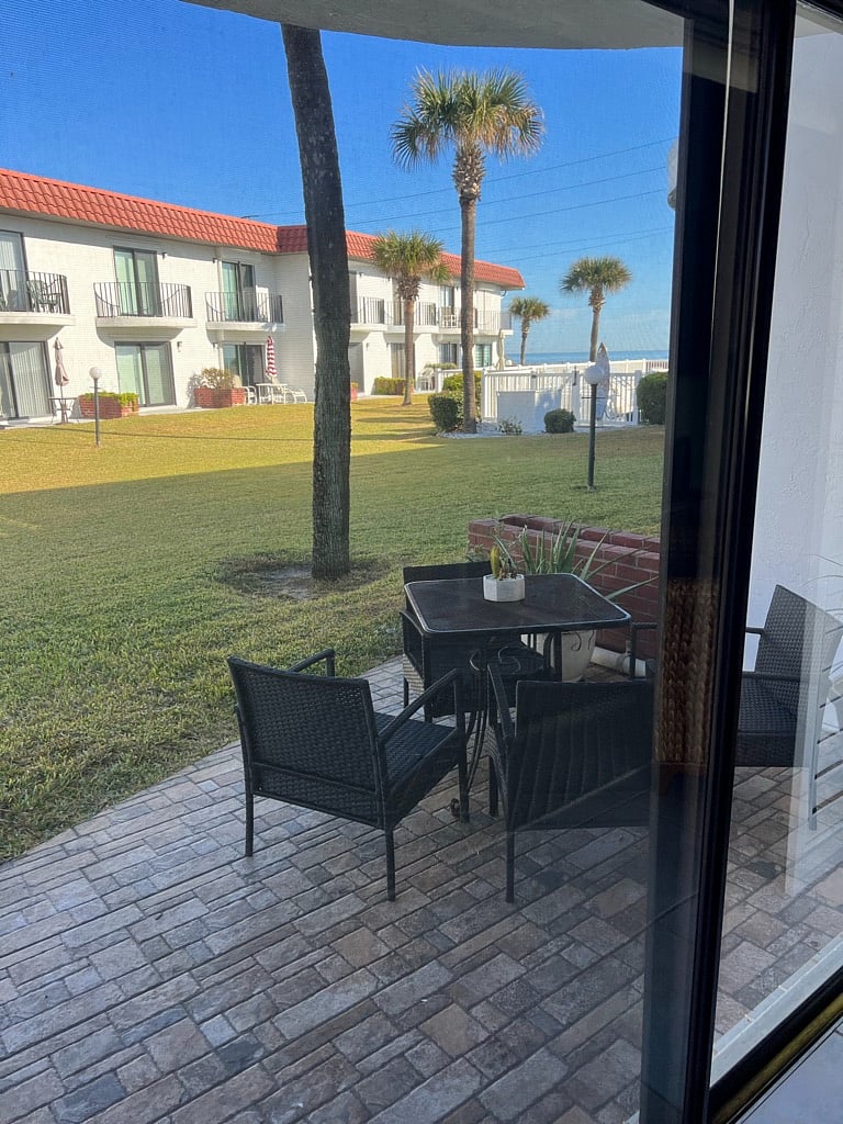 Patio in courtyard outside living room