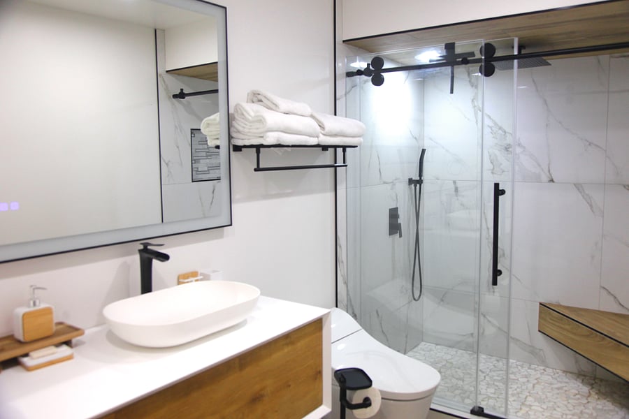 Master batch his and hers sinks and rain shower.