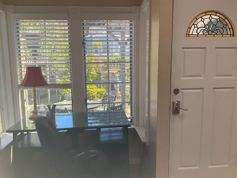Well-lit desk area with garden view