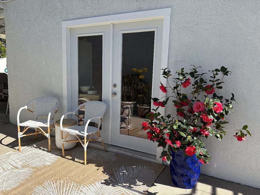 beautiful, sunny, south-facing exterior spot with 2 comfy chairs and pots / plants
