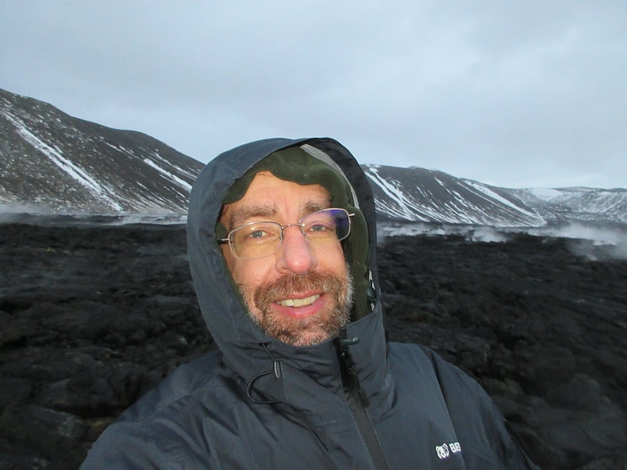 Hiking in Iceland on a young (less than 3 years) lava flow--still steaming. 