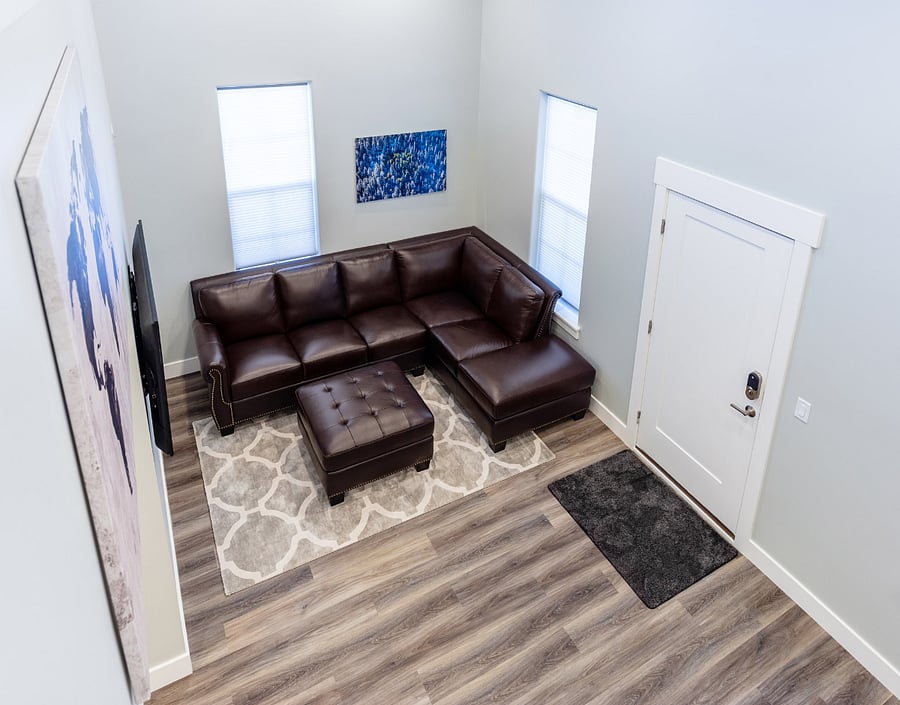 Looking down on living room from stairs
