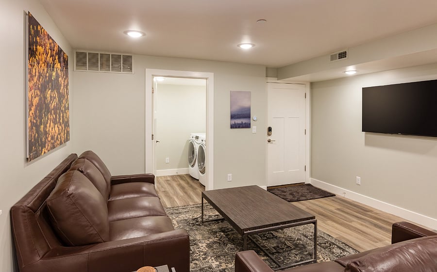 Living area with adjacent laundry room