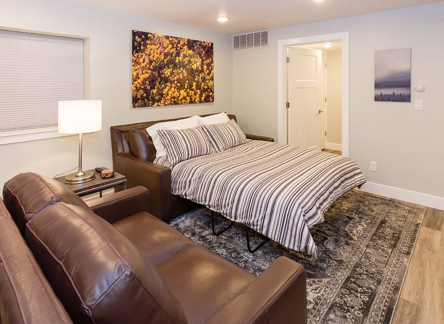 Comfortable full-sized pull-out sofa bed in living area sleeps 2 more