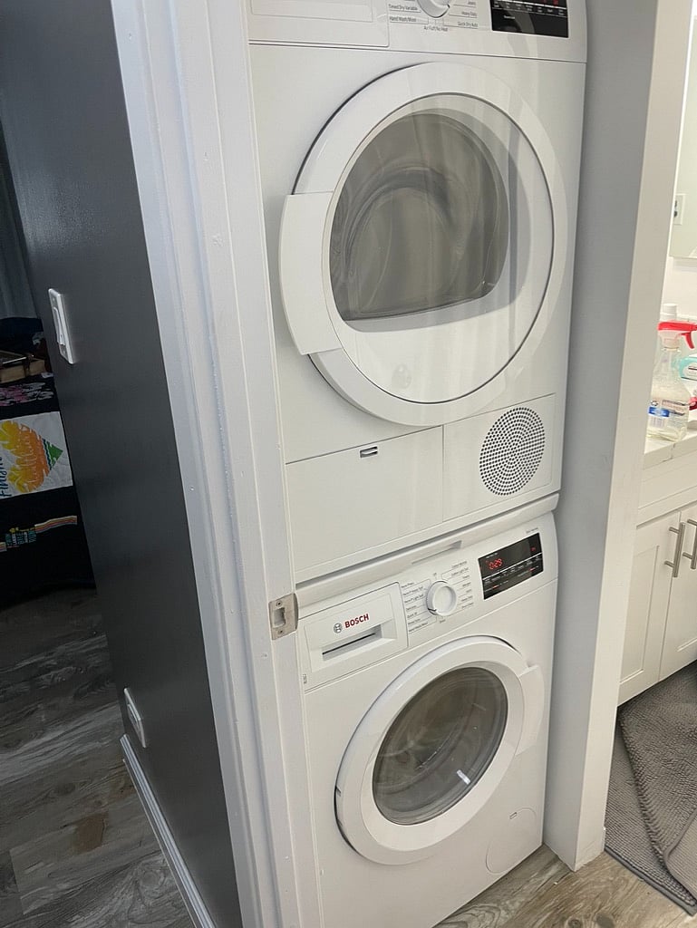 Bosch stacked washer and ventless dryer.