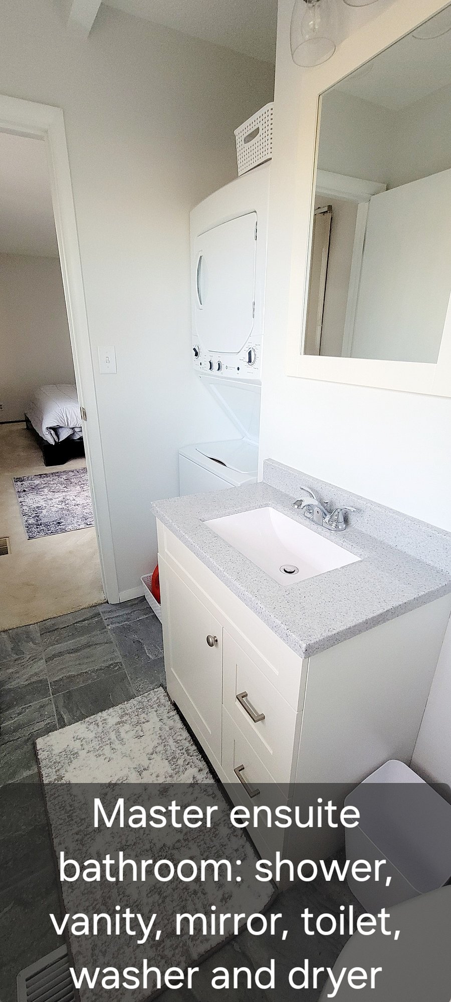 Ensuite master bathroom. Shower, toilet, vanity, mirror, stack washer and dryer, cleaning products