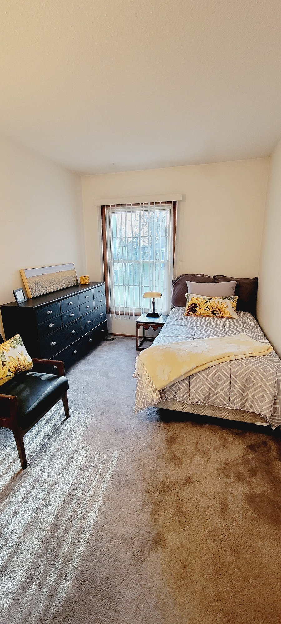 Bedroom #3, twin bed, dresser, side table and lamp, desk and chair, sitting area, closet