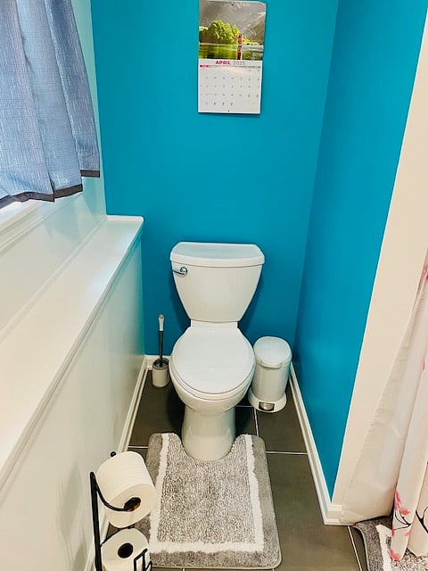 Toilet area next to covered window.