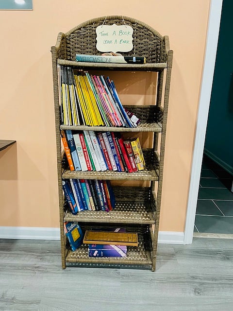 A modest supply of books, magazines, and games provided for your entertainment.