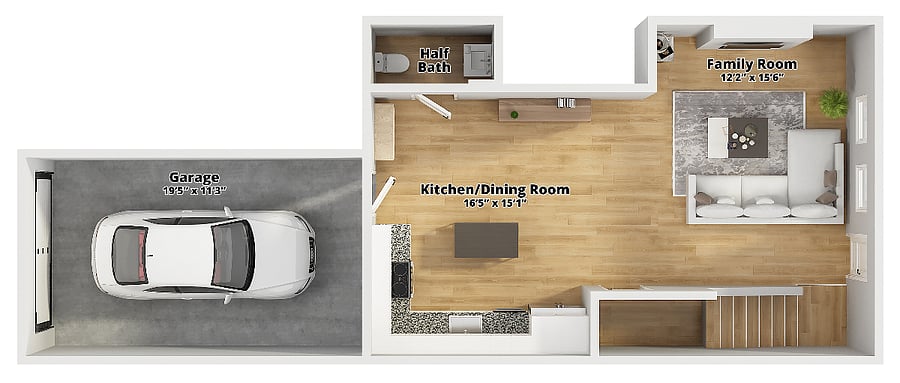 First level floor plan (Kitchen, Living, Garage)
