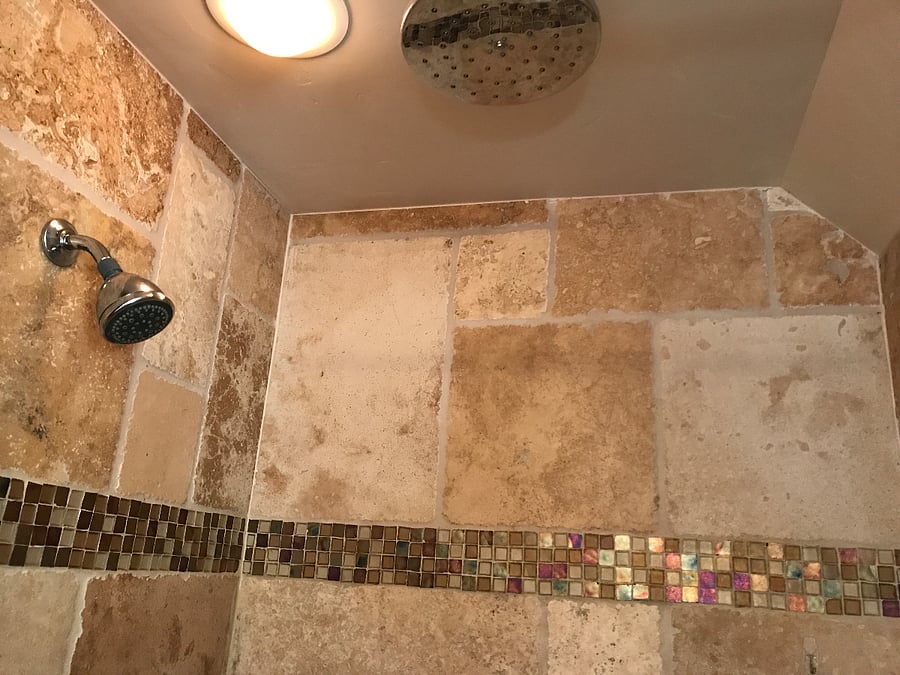 Tile large shower with rain shower and streaming head