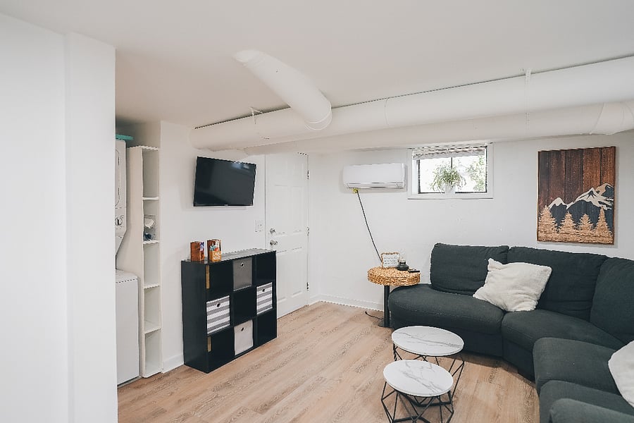 Living room with Smart TV and washer/dryer