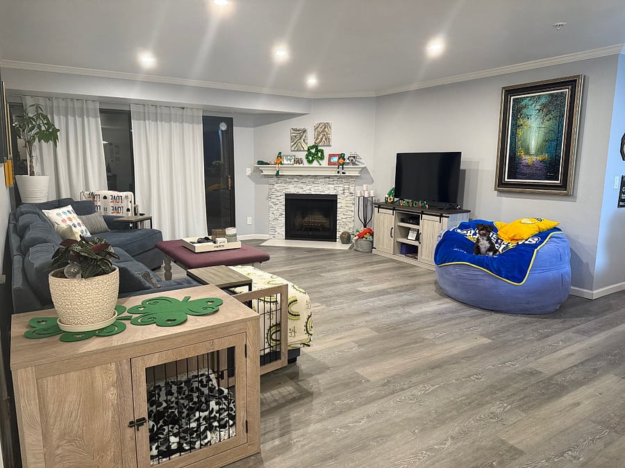 Shared living room with fireplace and balcony.