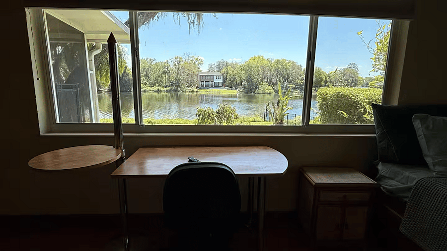 Amazing spring fed lake front view. Enjoy the solitude, peace and quiet while working or eating your meals!