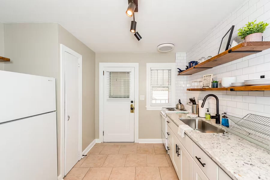 Kitchen area and back door.
