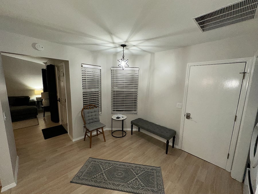 FOYER, MORAVIAN STAR PENDANT LIGHT. NEW FRONT LOADER WASHER, DRYER ON PEDESTALS.