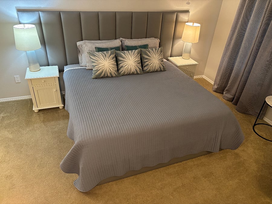 MASTER BEDROOM: New mattress, new frame, quality linens, black-out curtains, views of open fields, privacy and quiet.