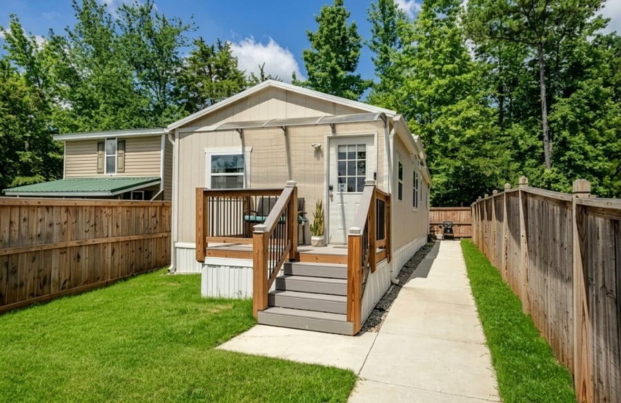 Separate guesthouse with fenced walkway and private yard.