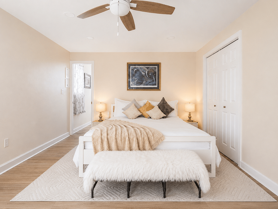 King bedroom with fresh linens and ample storage