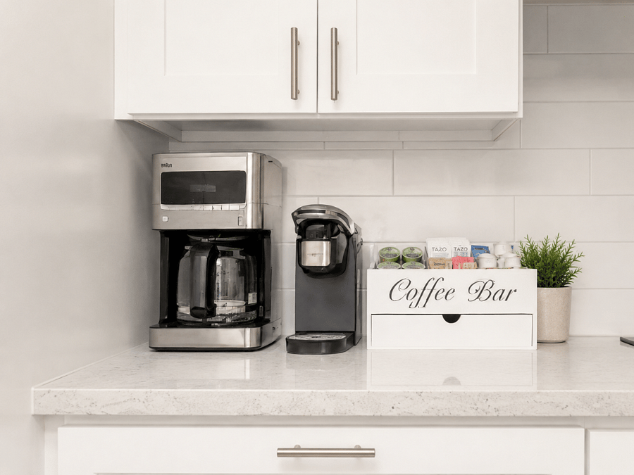 Coffee station with pourover, tea, and Kcups.