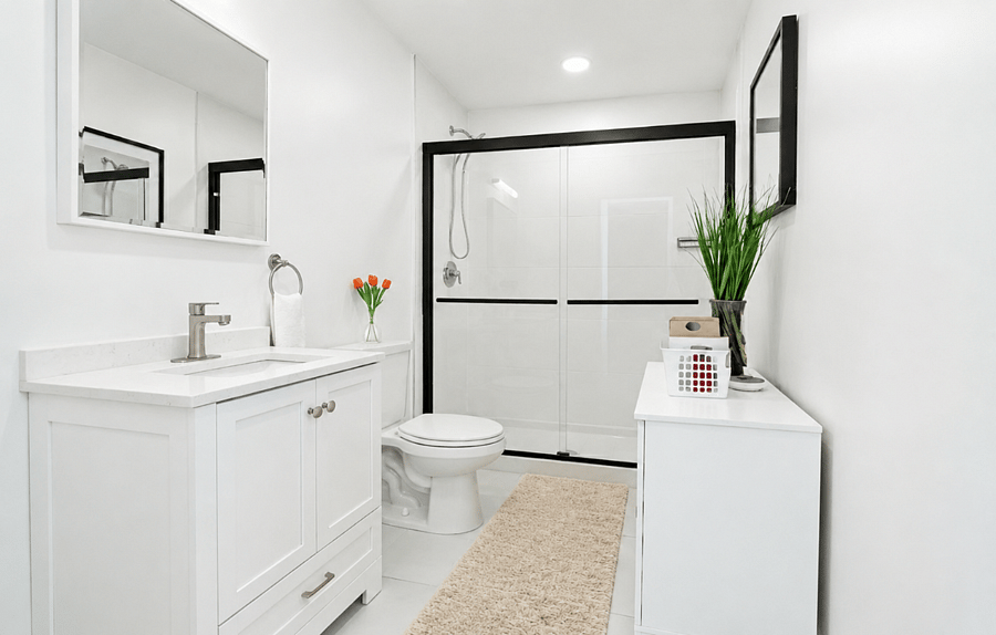 Fresh, welllit bathroom stocked with essentials for longer stays.