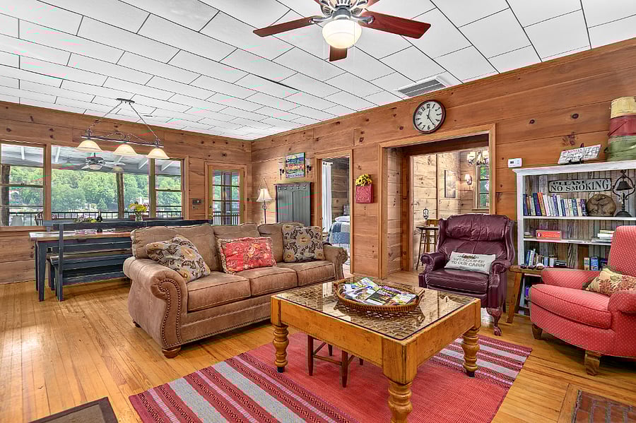 The main-floor living room, looking out the large picture window.