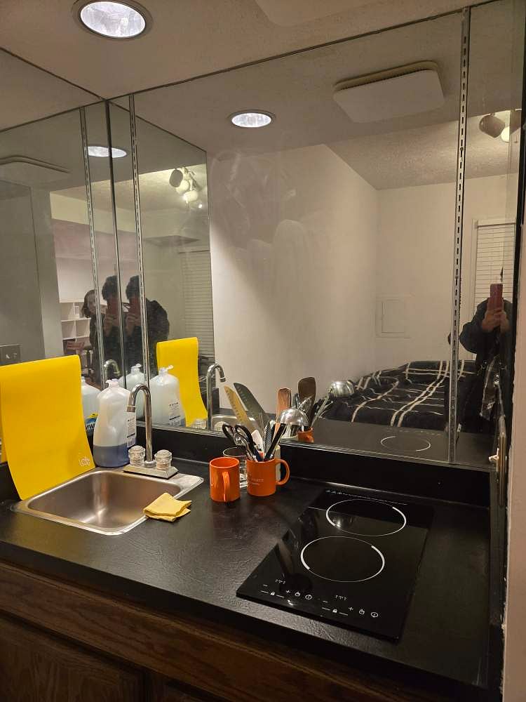 zoon-in picture2 of : Your studio, right-turn view (100 degree); on the right, mini-kitchen (no garbage disposal; only debris-stopper mesh/ induction/ out-Ducted hood on ceiling ) and full bathroom is seen.