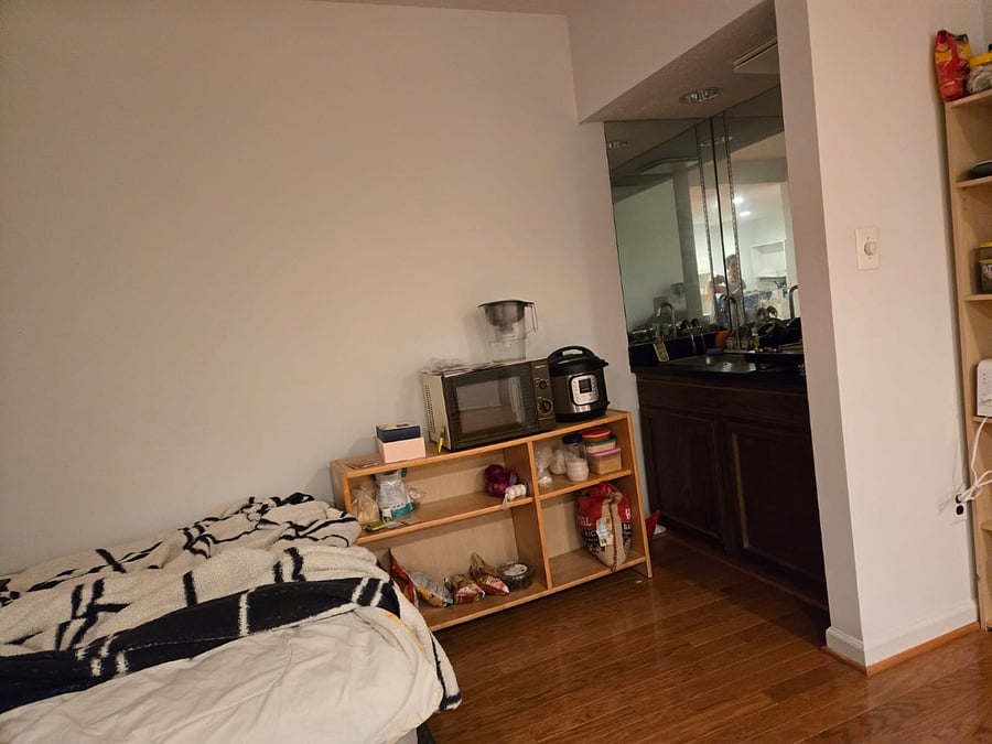 zoon in of : Your studio, right-turn view (100 degree); on the right, mini-kitchen (no garbage disposal; only debris-stopper mesh/ induction/ out-Ducted hood on ceiling ) and full bathroom is seen.