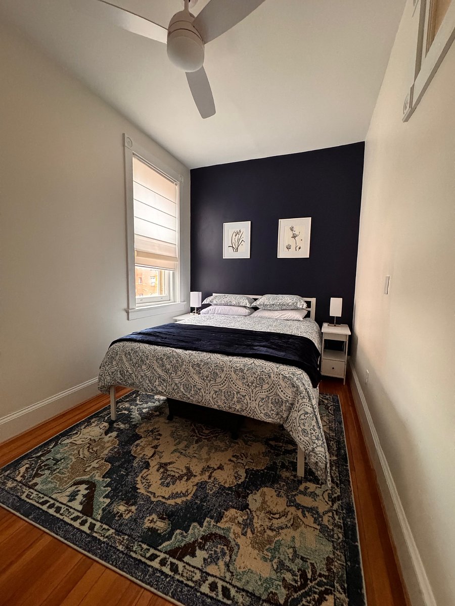 Serene bedroom with excellent new mattress and linens