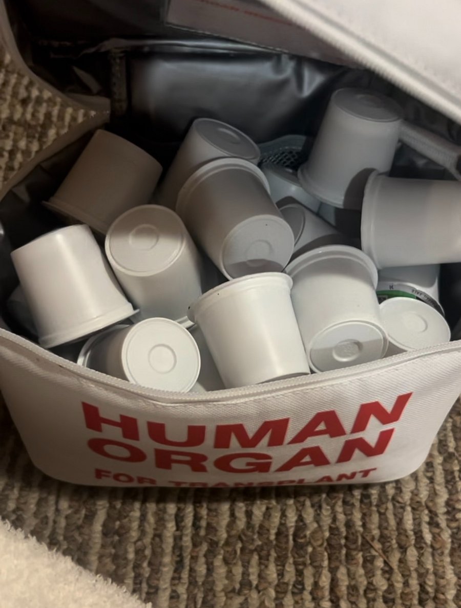 Complimentary coffee supplies and a little bit of medical humor.