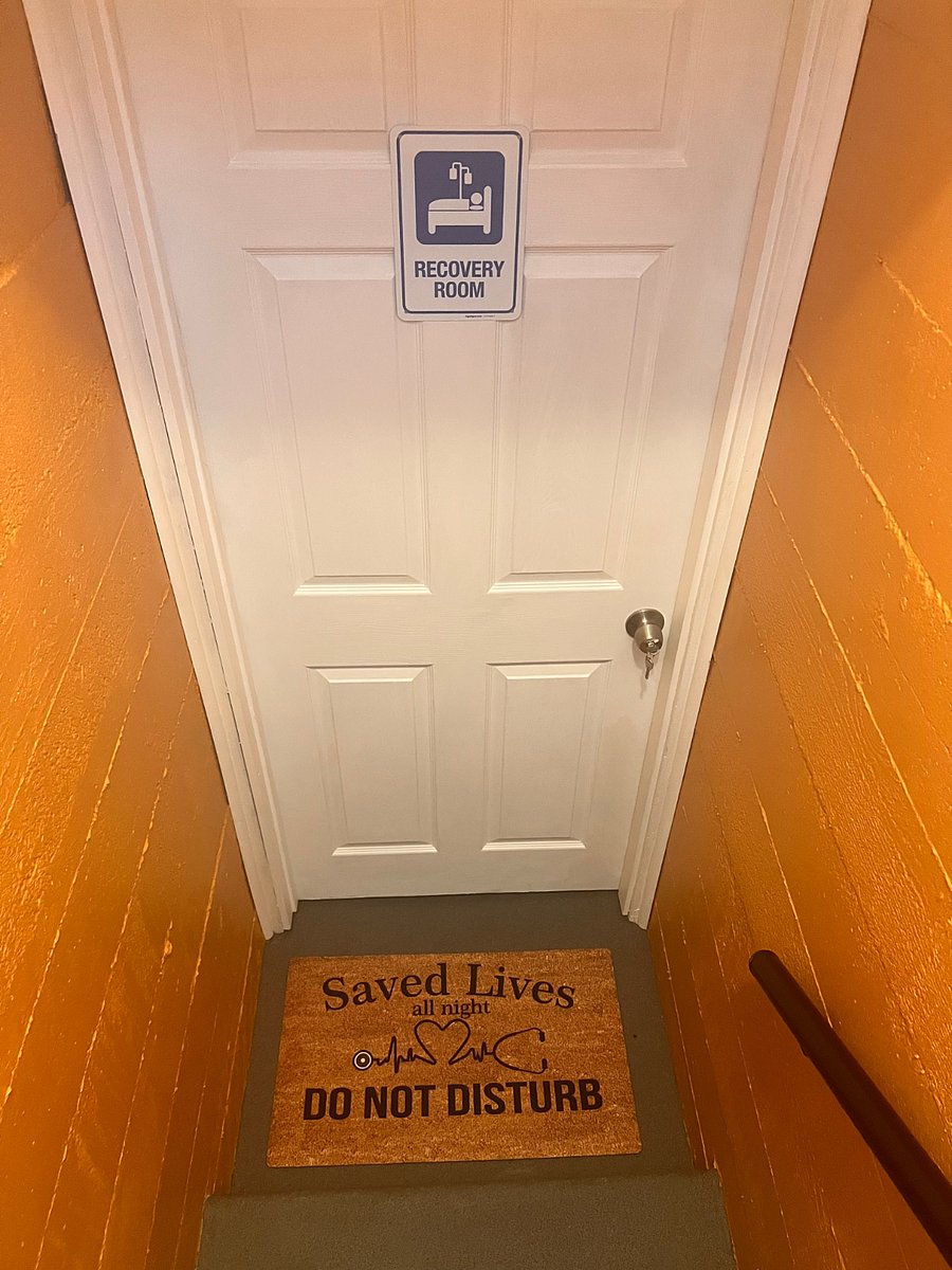 Welcome to your "Recovery Room" after a long shift of dedicated care for your patients.  The basement entrance.