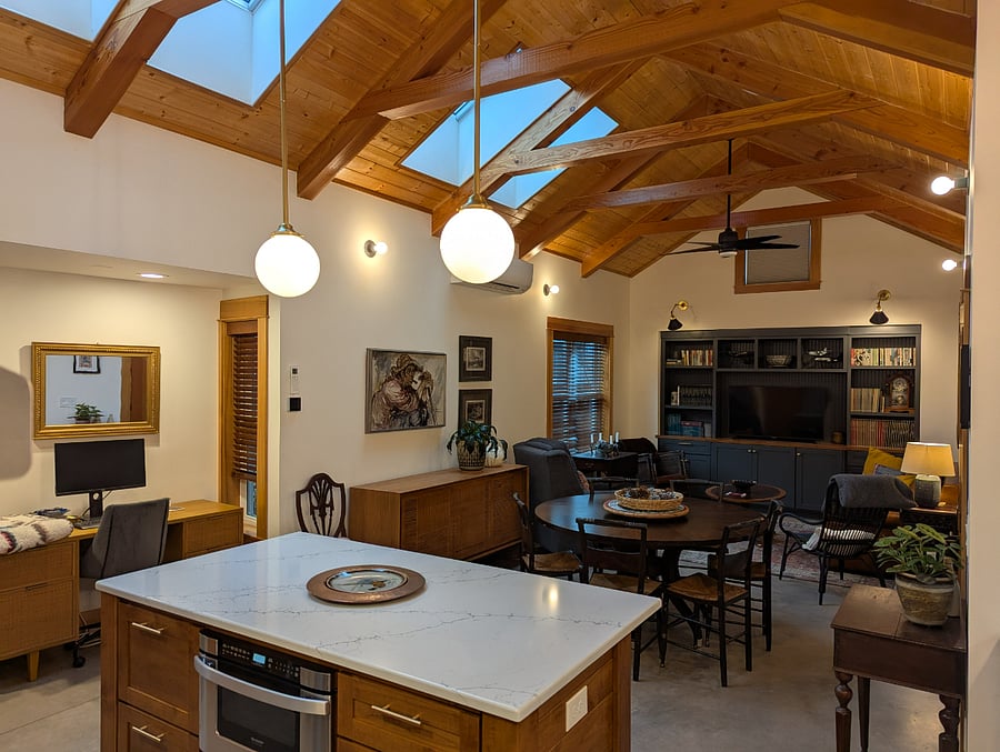 14ft vaulted/beamed ceilings with skylights