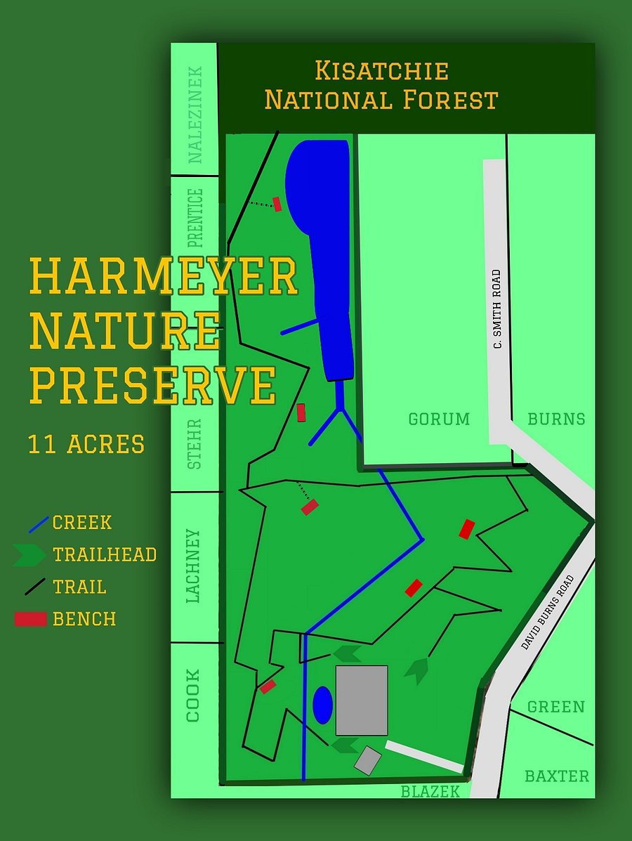 Here is a map of our 11-acre property, which is yours to enjoy. Magnolia Cabin and the main house are at the bottom of the image.