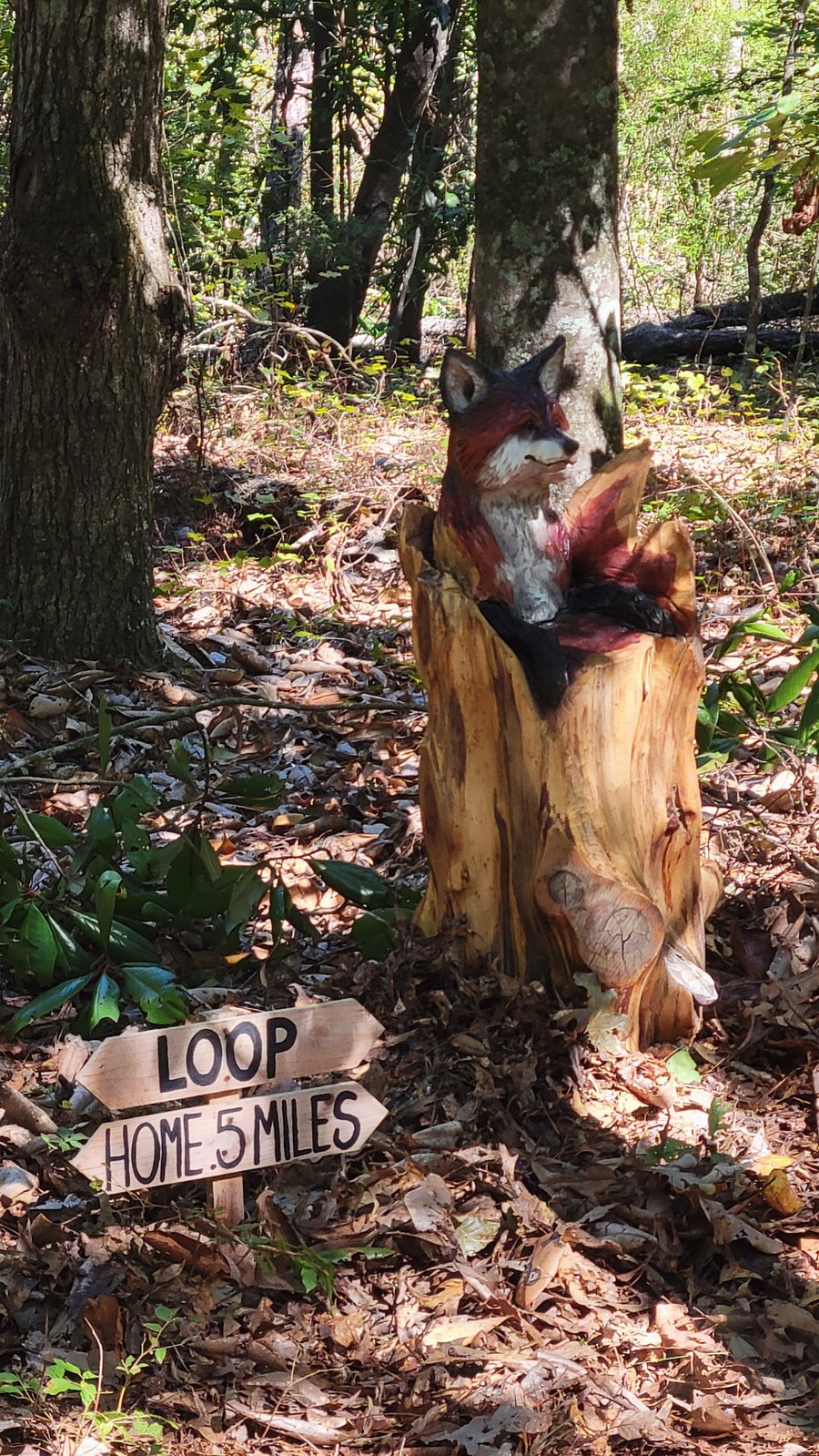 A fun collection of chainsaw carvings are found across the property.