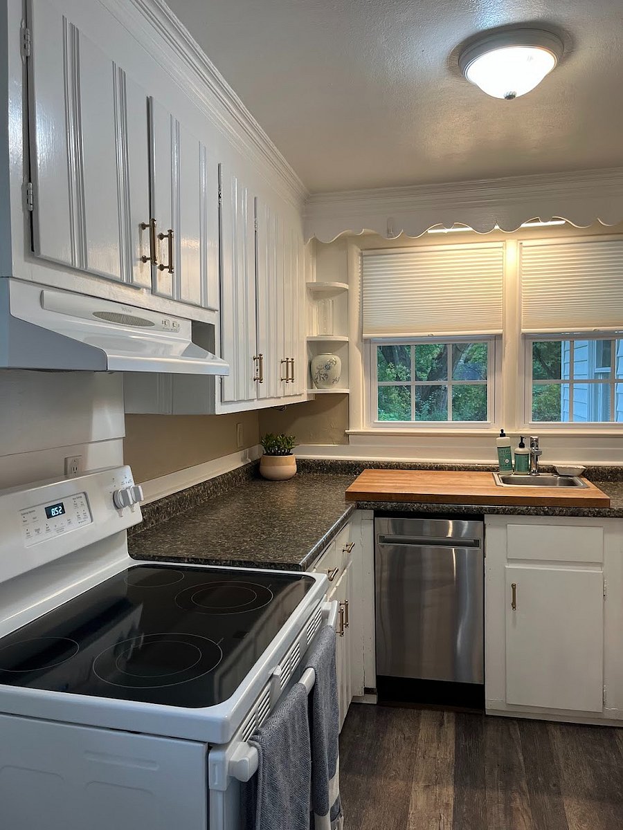 Kitchenette with stove, oven, microwave, dishwasher and full sized fridge
