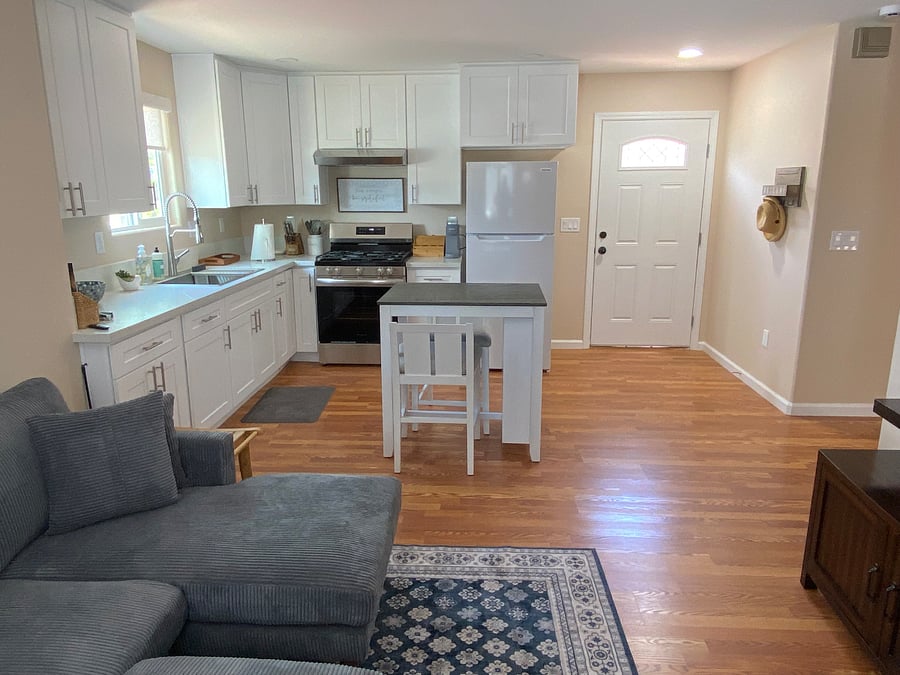 Open kitchen, dining, and living area.