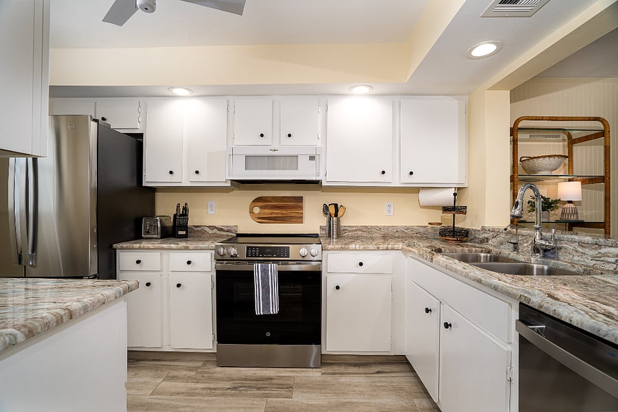 Bright, stocked, kitchen