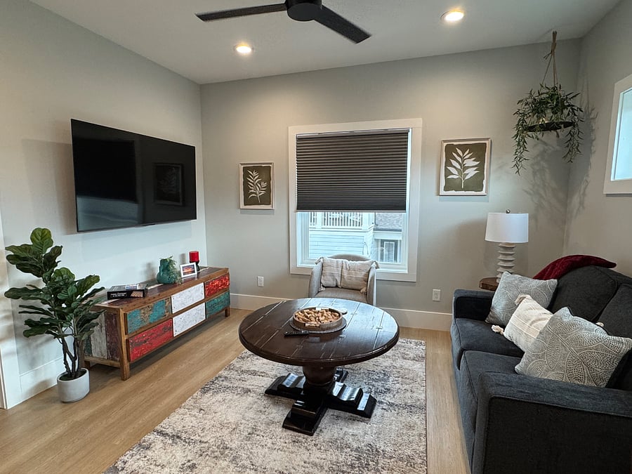 Living area equipped with 65 Insignia Smart TV and Bose Bluetooth speaker 