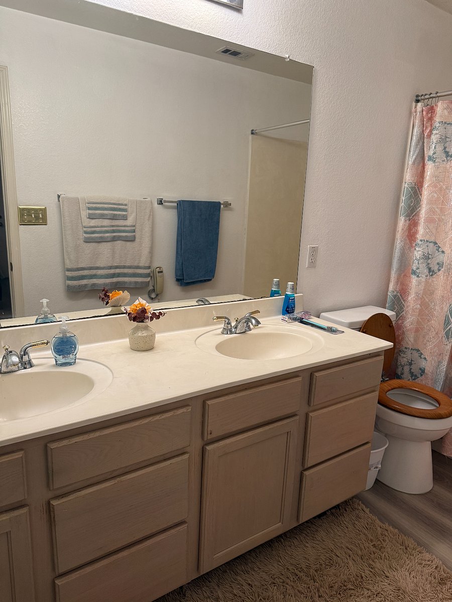 Master bedroom bathroom double sink suite with deep garden jets in jacuzzi tub and massage shower head