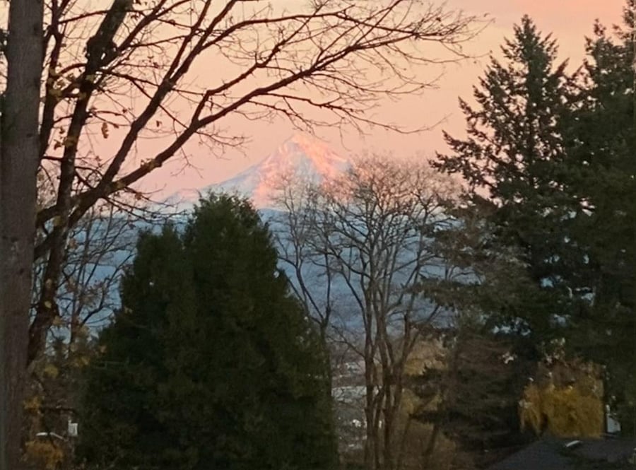Mt. Hood from the reading nook/landing, at sunset
