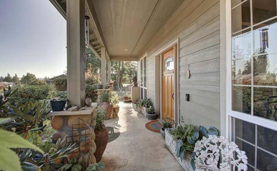 Front porch with pond in background