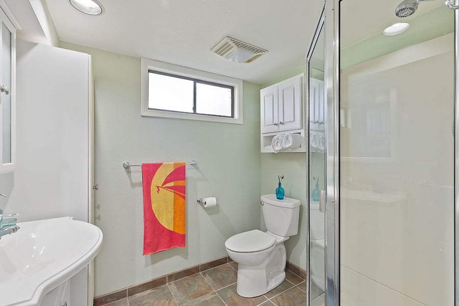 Basement bathroom. Enclosed glass standup shower