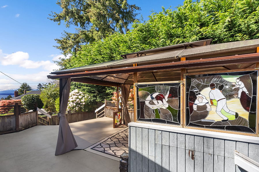 Pergola with a view facing west of the Olympic Mountains and Puget Sound