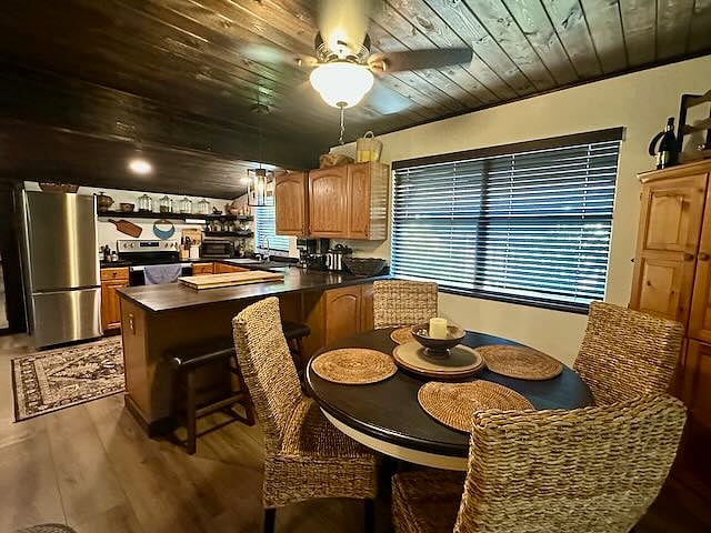 View from dining room into open kitchen.